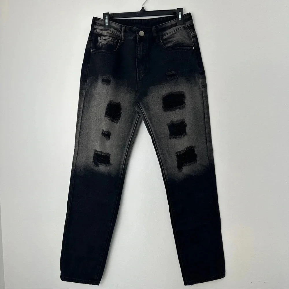 Distressed Two-Tone Denim 30‎ Tapered Grunge Punk Black Grey